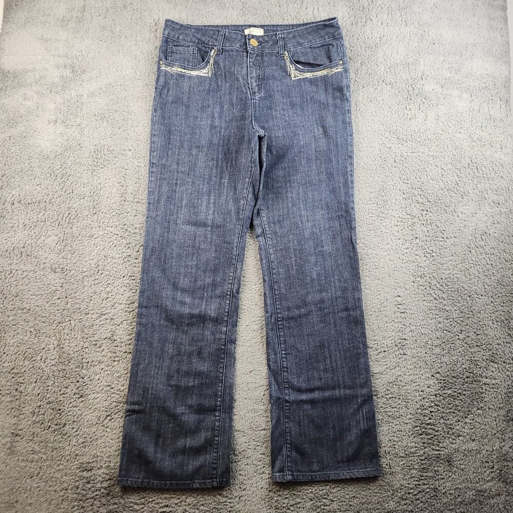 Women's‎ Bootcut Mid Rise Dark Wash Jeans Size 14 Blue Embroidered Embellished